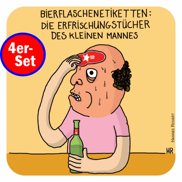 Cartoon Bierdeckel "Bierflaschenetiketten" 4er-Set